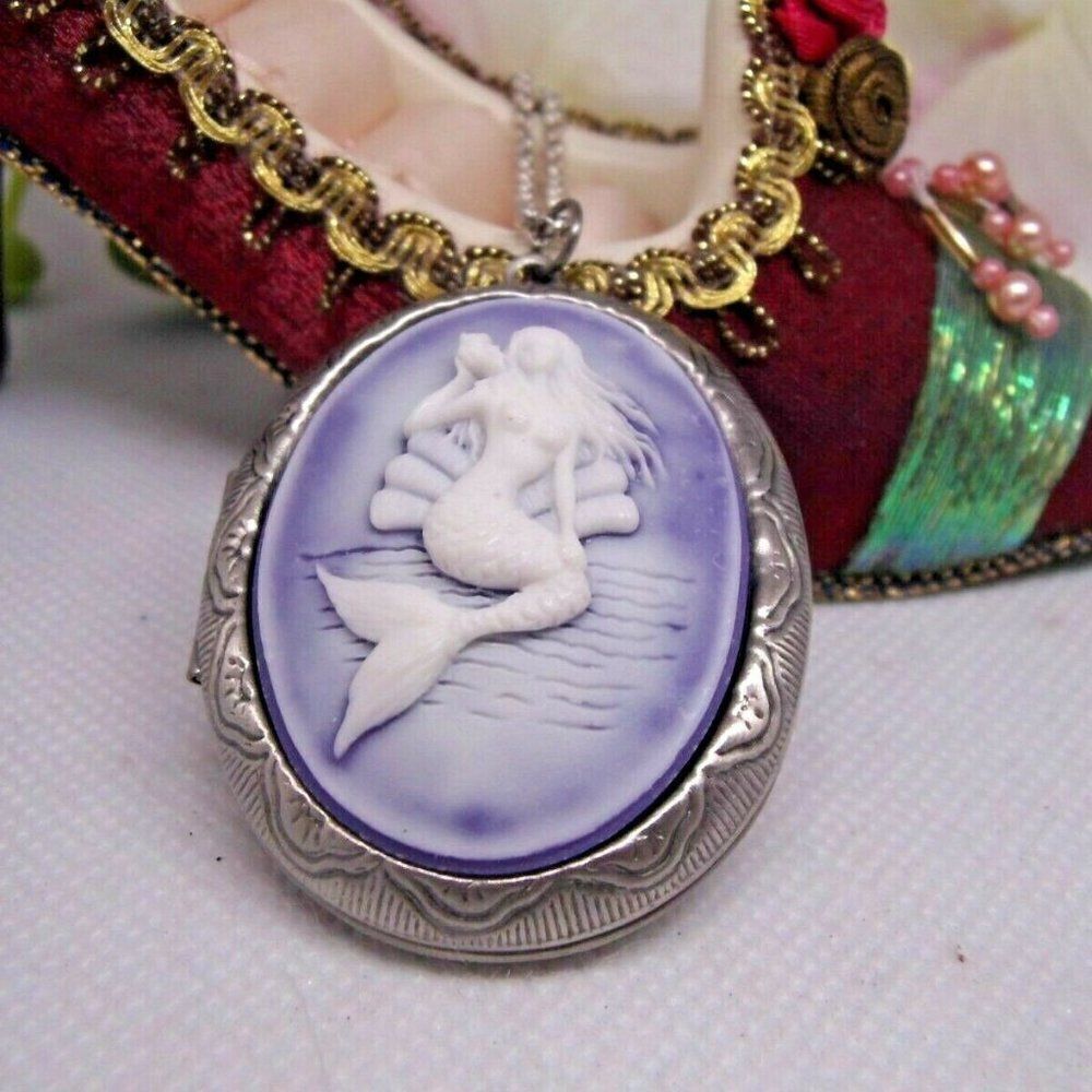 Christmas gift daughter bff Purple Frosted Mermaid Locket Cameo Necklace Beach